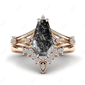 Coffin Shaped Rutile Quartz Engagement Ring Set Art Deco Rutile Unique Wedding Ring Set 925 Silver Rutile Vintage Anniversary Ring Set
