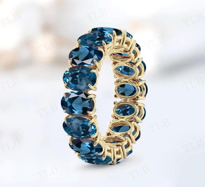 London Blue Topaz Band Unique Engagement Band 925 Silver Full Eternity Band Vintage Blue Topaz Wedding Band Unique Blue Topaz Bridal Band