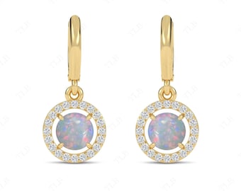 White Opal Halo Huggie Earrings For Women Unique Dangle Drop Dainty Earrings 925 Silver Delicate Tiny Earrings White Opal Earrings For Her