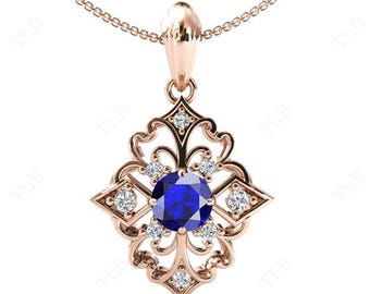 Blue Sapphire Pendant For Women Art Deco Blue Sapphire Filigree Pendant Unique Blue Gemstone Pendant Anniversary Gift 14k Gold Pendant