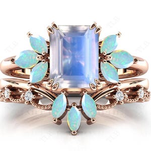 Art Deco Moonstone Engagement Ring Set Unique Wedding Ring Set Vintage Emerald Cut Moonstone Antique 2Pce Cluster Ring Set Opal Ring Set