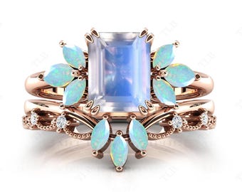 Art Deco Moonstone Engagement Ring Set Unique Wedding Ring Set Vintage Emerald Cut Moonstone Antique 2Pce Cluster Ring Set Opal Ring Set