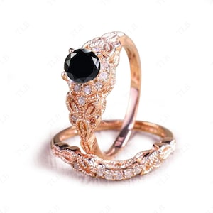 Natural Black Onyx Engagement Ring Set 925 Silver Black Onyx Art Deco Leaf Ring Set Unique Wedding Ring Set For Women Antique Bridal Rings