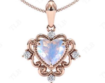 Natural Moonstone Pendant For Women Heart Shaped Moonstone Filigree Necklace Art Deco Antique Pendant 14k Gold Necklace Anniversary Gift