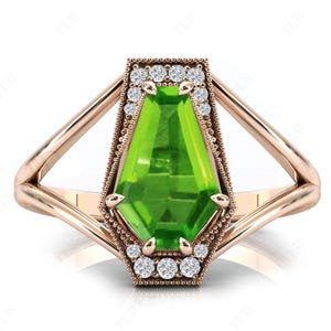 Coffin Shaped Peridot Wedding Ring 14k Gold Peridot Art Deco Engagement Ring Green Gemstone Ring Vintage Anniversary Ring Gift For Women