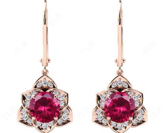 Vintage Ruby Earrings For Women 925 Silver Ruby Antique Wedding Earrings Art Deco Floral Earrings Unique Handmade Earrings Gift For Women