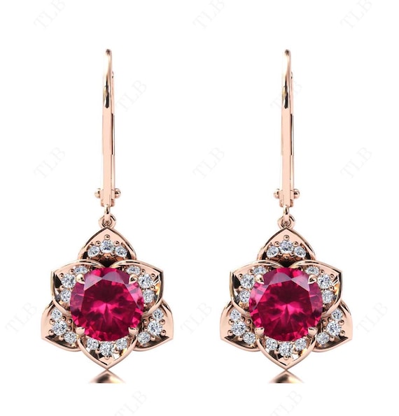 Vintage Ruby Earrings For Women 925 Silver Ruby Antique Wedding Earrings Art Deco Floral Earrings Unique Handmade Earrings Gift For Women