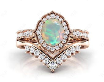 Art Deco Opal Wedding Ring Set Antique Halo Engagement Ring Set Oval Cut Opal 2Pc Bridal Ring Set Unique Opal Anniversary Ring Set