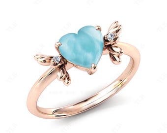 14k Gold Larimar Engagement Ring Unique Larimar Wedding Ring Heart Shaped Larimar Art Deco Bridal Ring Vintage Anniversary Ring Gift For Her