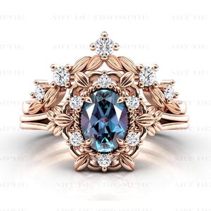 Art Deco Alexandrite Engagement Ring Set Unique Alexandrite Leaf Wedding Ring Set Antique Anniversary Ring Set 14k Gold Ring Set For Women