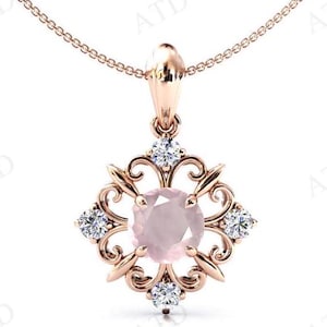 Vintage Filigree Rose Quartz Pendant For Women 925 Silver Rose Quartz Art Deco Wedding Necklace Unique Statement Pendant Gift For Women