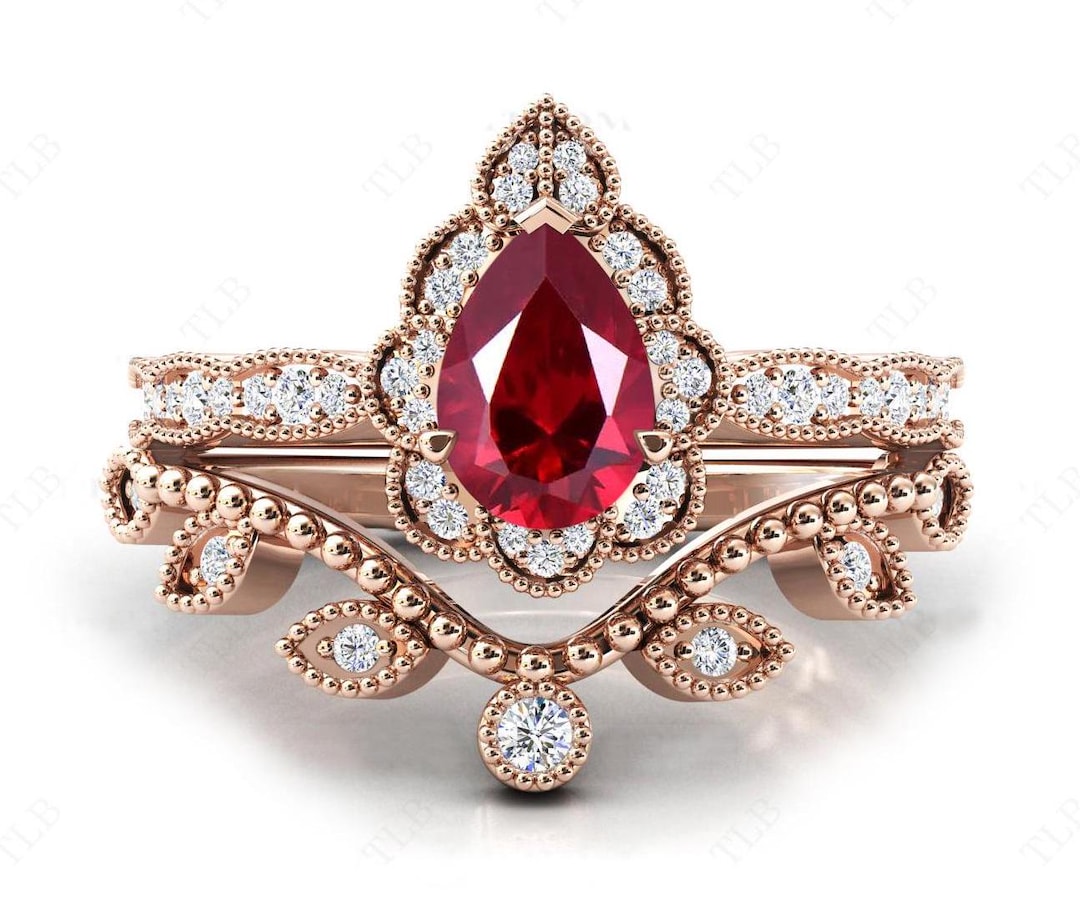Ruby Rings Set 14k Gold Ruby Wedding Ring Set for Women Pear Cut Ruby 2pce Bridal Ring ...
