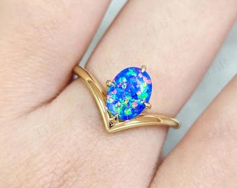 V Shaped Curved Blue Opal Engagement Ring Oval Cut Blue Opal Curved Ring Vintage Blue Opal Wedding Ring Unique Anniversary Ring Gift For Her