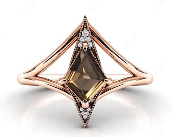Art Deco Kite Shaped Smoky Quartz Engagement Ring Unique Wedding Ring 925 Silver Smoky Quartz Antique Bridal Promise Ring Anniversary Gift