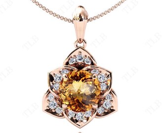 Art Deco Floral Citrine Pendant For Women 14k Gold Citrine Vintage Wedding Pendant Unique Handmade Pendant Yellow Gemstone Pendant For Her