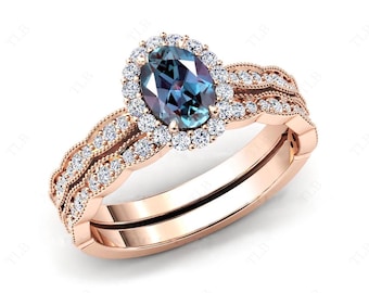 Conjunto de anéis de casamento em ouro 14k com alexandrita, estilo Art Déco, com 2 peças, anel de noivado com alexandrita de corte oval e halo, conjunto de anéis de aniversário exclusivos.