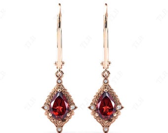 Pendientes de granate de oro de 14 quilates para mujer, con piedras preciosas rojas, granate con corte de pera, hojas de parra, pendientes de boda antiguos, pendientes hechos a mano para mujer.