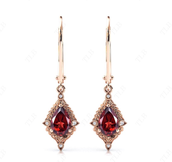 14k Gold Garnet Earrings For Women Red Gemstone Earrings Pear Cut Garnet Vine Leaf Earrings Antique Wedding Earrings Women Handmade Earrings