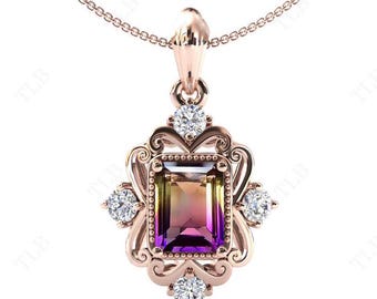 Art Deco Ametrine Pendant For Women Antique Filigree Pendant Unique Wedding Pendant Emerald Cut Bio Color Gemstone Pendant 14k Gold Pendant