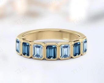 Bezel Set Aquamarine Band 14k Gold London Blue Topaz Eternity Band Unique Wedding Band For Women Emerald Cut Aquamarine Half Eternity Band