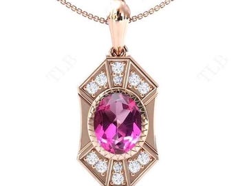 Oval Cut Pink Tourmaline Pendant For Women Art Deco Wedding Necklace Unique Statement Pendant 925 Silver Pink Gemstone Vintage Pendant