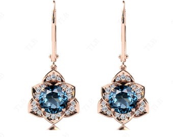 London Blue Topaz Earrings For Women Rose Gold Floral Earrings Art Deco Wedding Earrings Antique Style Earrings Women Anniversary Gift