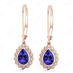 Tanzanite Gemstone Earrings For Women Art Deco Lever Back Earrings Unique Wedding Earrings Pear Cut Tanzanite Antique Style Earrings