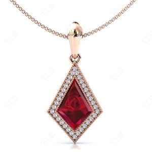 May include: A rose gold pendant necklace features a large, faceted ruby gemstone set in a diamond-shaped frame with a border of smaller diamonds.