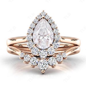 Pear Cut Moissanite Engagement Ring Set Unique Halo Ring Set For Women 14k Gold Moissanite 2Pce Wedding Ring Set Antique Bridal Ring Set