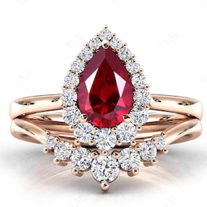 Unieke robijnrode verlovingsringset 925 zilveren robijn vintage halo trouwring set peergeslepen robijn art deco jubileumring set 14k gouden ringset