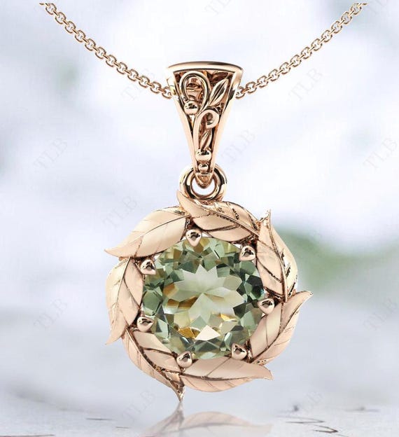 Unique Green Amethyst Necklace For Women Antique Vine Leaf Pendant Art Deco Amethyst Wedding Pendant Anniversary Gift 14k Gold Pendant