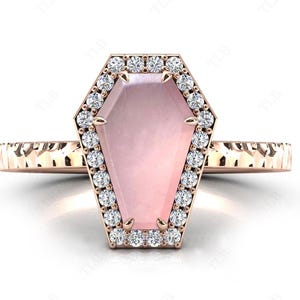Vintage Coffin Shaped Rose Quartz Halo Engagement Ring Art Deco Rose Quartz Wedding Ring Antique Bridal Anniversary Ring Gift For Women