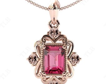 Collar de turmalina rosa con corte esmeralda para mujer, colgante de filigrana antigua, colgante de morganita natural, colgante hecho a mano de oro de 14 k, regalo para mujer