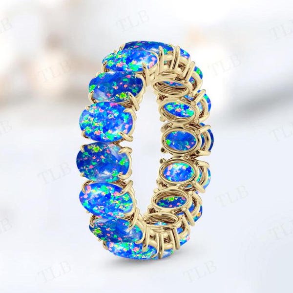 Blauer Opal Verlobungsring für Frauen Oval geschnitten blauer Opal Edelstein Band Vintage Voll Eternity Band 14k Gold Stacking Band Jubiläumsgeschenk