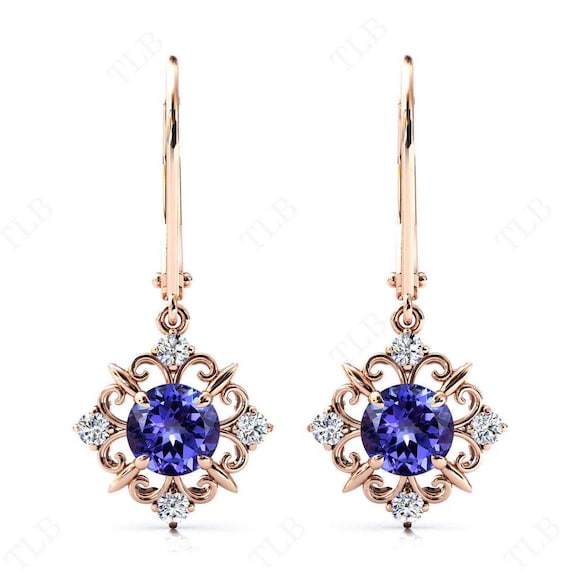Tanzanite Gemstone Earrings For Women Vintage Wedding Earrings Art Deco Filigree Earrings Unique Handmade Earrings 14k Gold Earrings