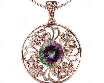 Unikt Mystic Topas Leaf-hänge för kvinnor Vintage bröllopshalsband Art Deco Mystic Topas blomhänge Antik filigran bröllopshänge