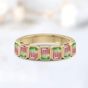Ring set watermeloen toermalijn Eternity band voor haar 14k gouden halve eeuwigheid band unieke verlovingsband Emerald Cut toermalijn trouwring