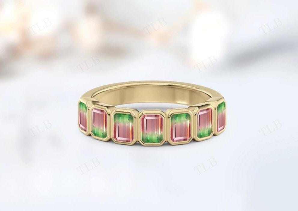 Bezel Set Watermelon Tourmaline Eternity Band For Her 14k Gold Half Eternity Band Unique Engagement Band Emerald Cut Tourmaline Wedding Band