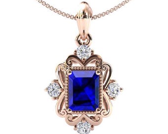 Blue Sapphire Pendant Art Deco Filigree Necklace For Women Antique Style Pendant Vintage Wedding Pendant 925 Silver Handmade Pendant