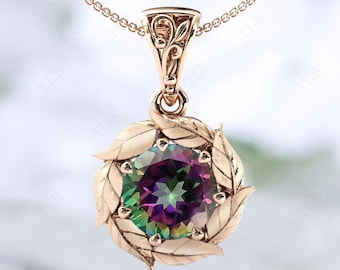 Bio Color Gemstone Pendant For Women 14k Gold Mystic Topaz Vine Leaf Necklace Art Deco Wedding Pendant Unique Handmade Statement Pendant