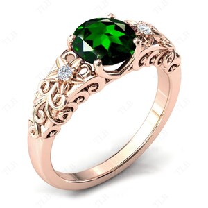 Chrome Diopside Engagement Ring For Women 925 Silver Filigree Design Ring Art Deco Bridal Wedding Ring Antique Floral Ring Anniversary Gift
