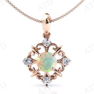 Natural Opal Necklace For Women Art Deco Opal Filigree Pendant 14k Gold Opal Unique Handmade Pendant 925 Silver Pendant Anniversary Gift
