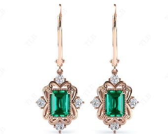 Vintage Emerald Earrings For Women 14k Gold Emerald Filigree Earrings Emerald Cut Green Gemstone Earrings Art Deco Hoop Earrings Gift