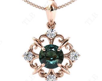 Colgante de zafiro verde azulado con cambio de color único, collar de filigrana Art Deco, colgante de estilo antiguo, collar de zafiro verde azulado de oro de 14 k, regalo para mujeres