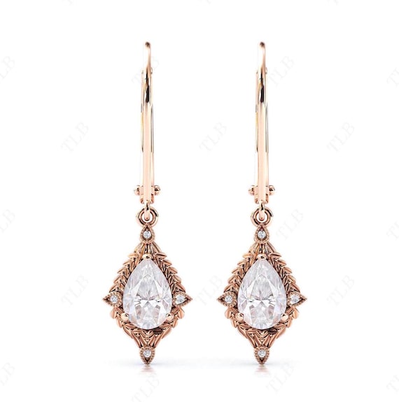 Art Deco Pear Shaped Moissanite Earrings Vintage Vine Leaf Earrings Unique Lever Back Earrings 14k Gold Moissanite  Antique Earrings Gift