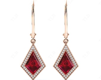 Boucles d'oreilles vintage en rubis en forme de cerf-volant pour femme Boucles d'oreilles halo uniques en or 14 carats rubis boucles d'oreilles de mariage Art déco boucles d'oreilles faites main cadeau pour femme