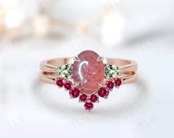 Unique Strawberry Quartz Engagement Ring Set For Women Vintage Cluster Multi Gemstone Ring Set 925 Silver Green Amethyst  Wedding Ring Set