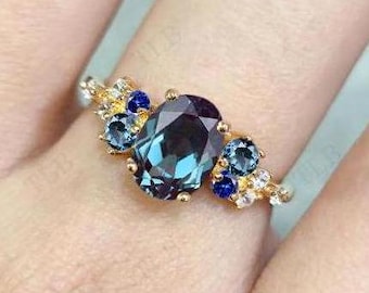 Oval Cut Alexandrite Engagement Ring Multi Gemstone Ring Art Deco Alexandrite Wedding Ring Unique Cluster Gemstone Ring Gift For Women