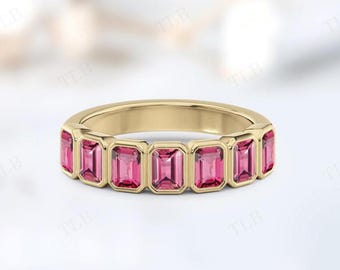 Emerald Cut Pink Tourmaline Engagement Band Bezel Set Wedding Band For Women 925 Silver Pink Gemstone Band Unique Half Eternity Band Gift