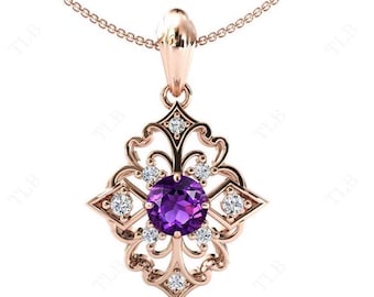 May include: A delicate rose gold pendant necklace features a large, round, purple amethyst gemstone surrounded by smaller, clear diamonds. The pendant is in a detailed, ornate, floral design.